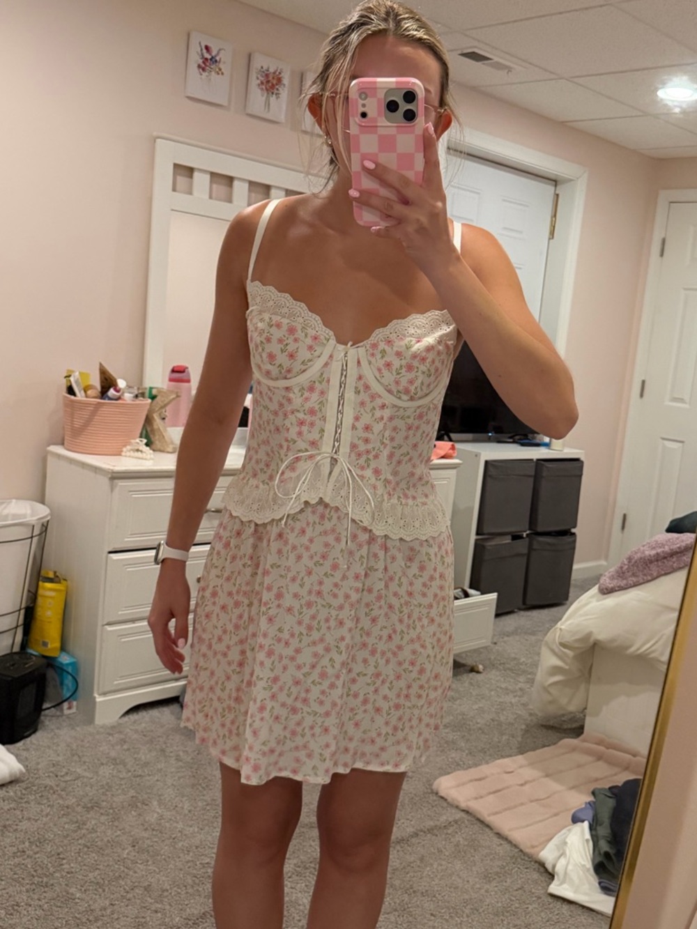 Floral Lace-Trim Mini Slip Dress in Cream and Pink